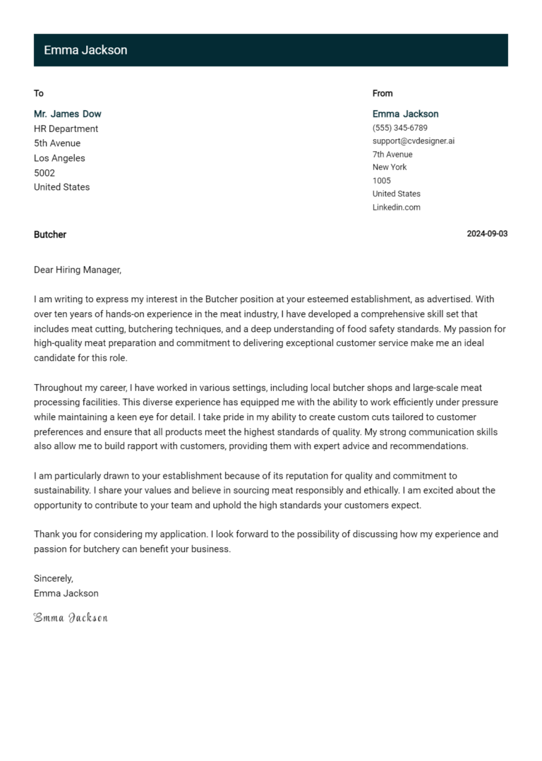 Butcher Cover Letter Example for 2025: Proven Tips