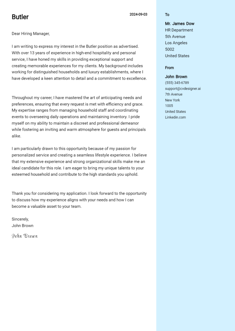 Butler Cover Letter Examples & Samples for 2024 - CVDesigner.ai