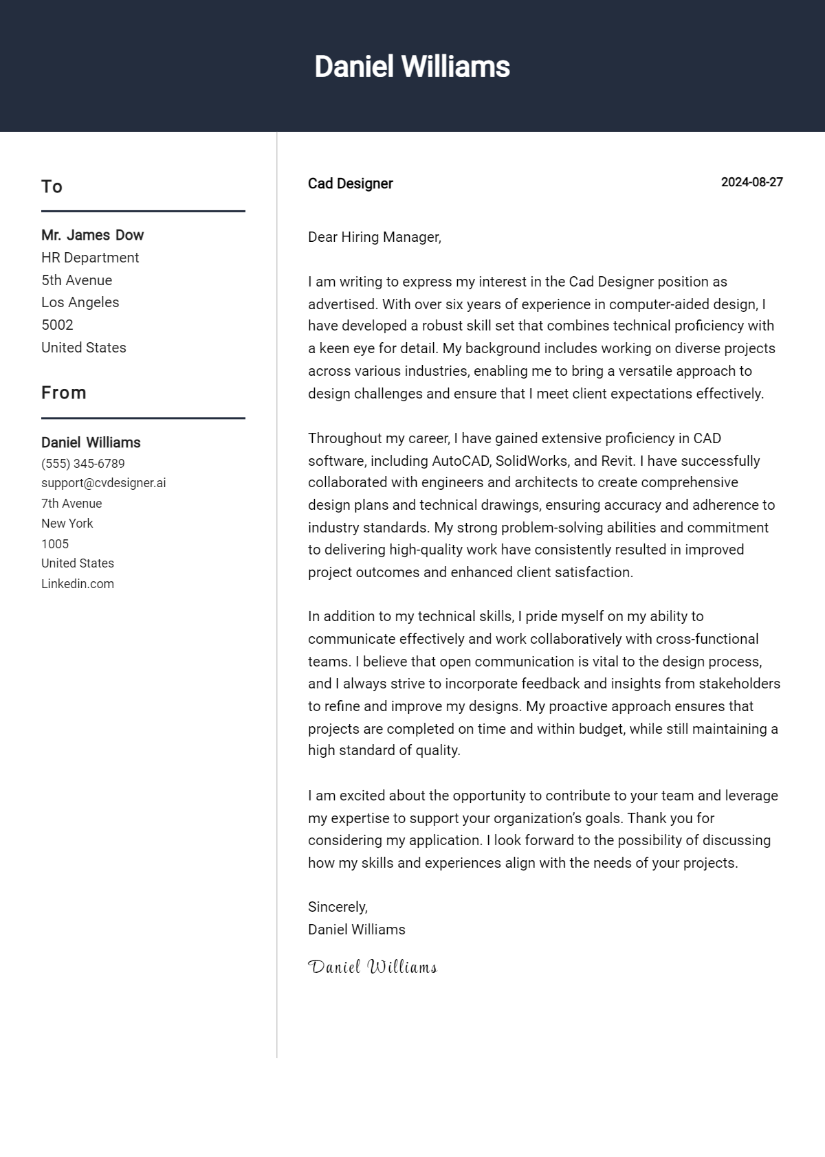 cad designer cover letter example