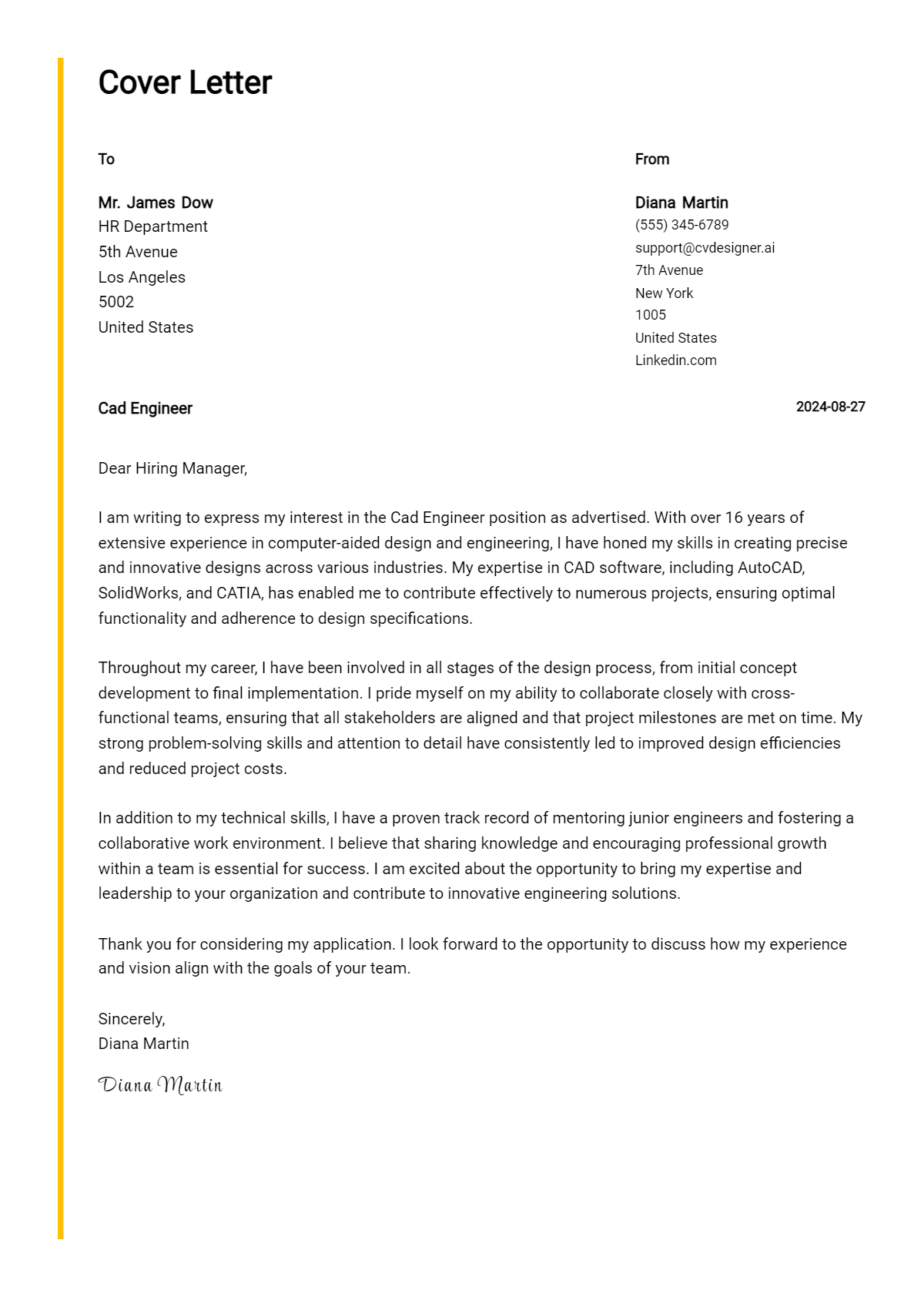 cad engineer cover letter example