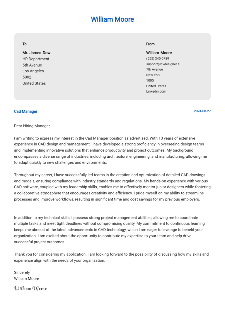 7 CAD Manager Cover Letter Example for 2025 (Free Templates)