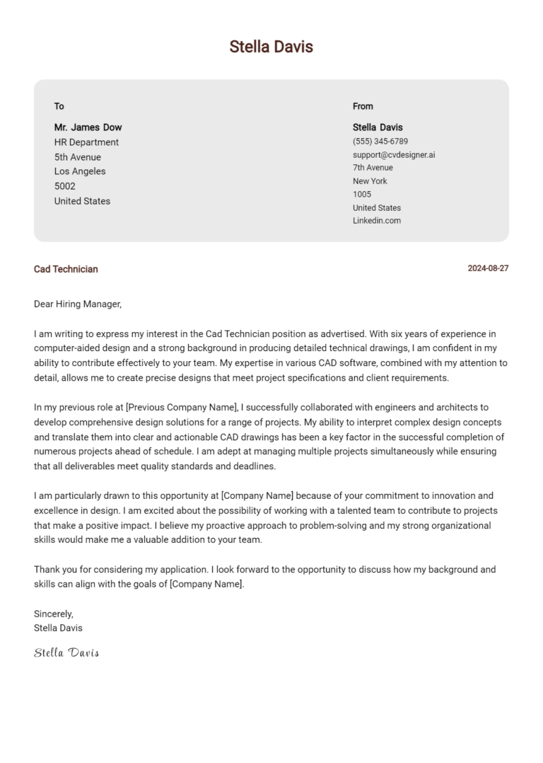 21 CAD Technician Cover Letter Samples & Examples 2025
