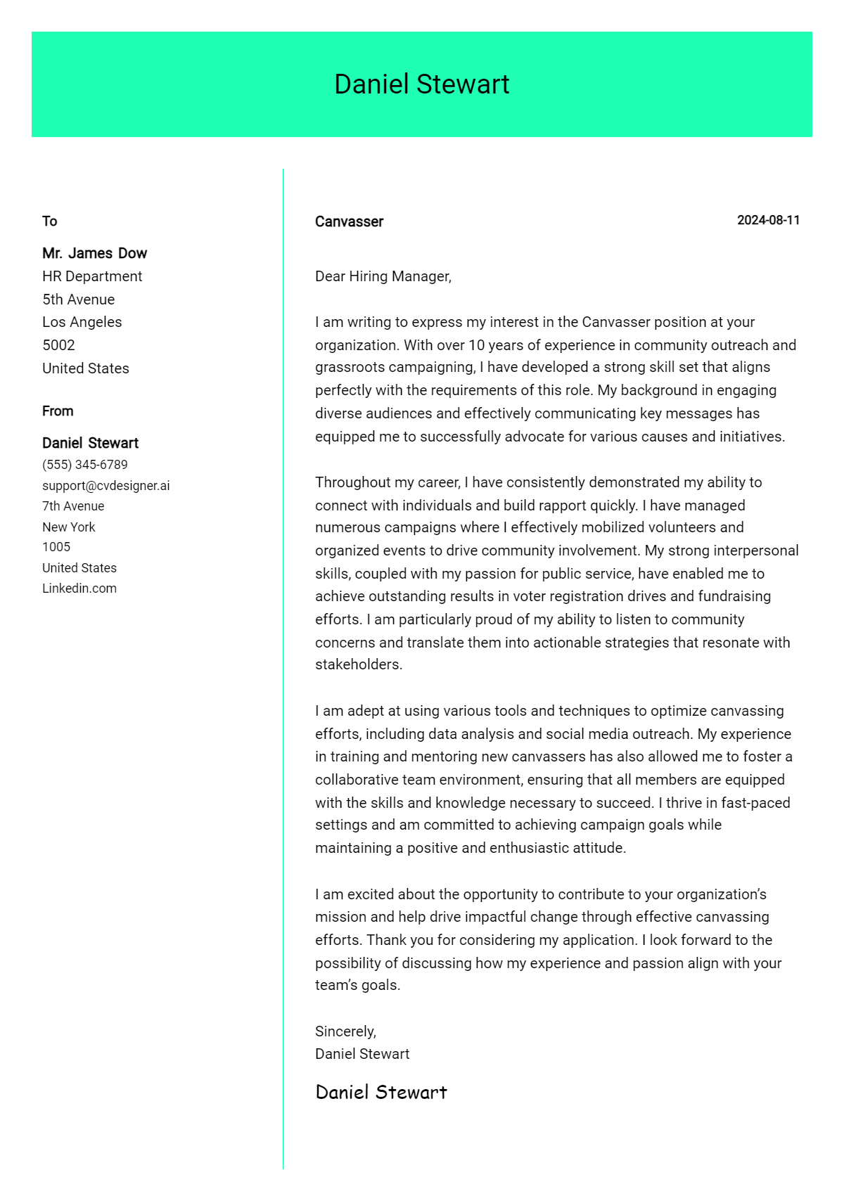 canvasser cover letter example