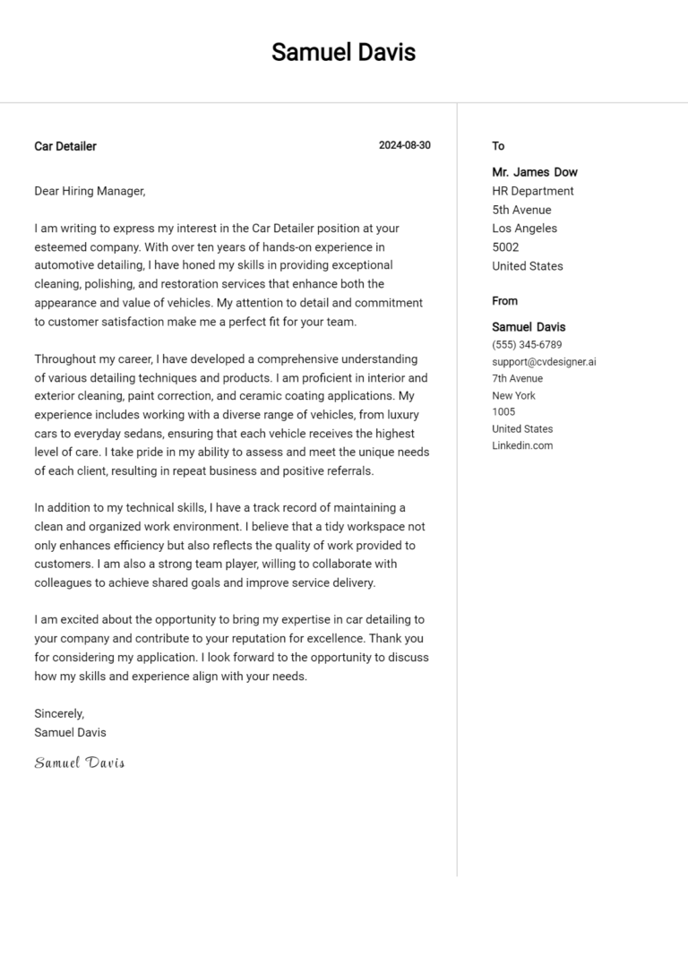 Car Detailer Cover Letter Example for 2025: Top CV Skills