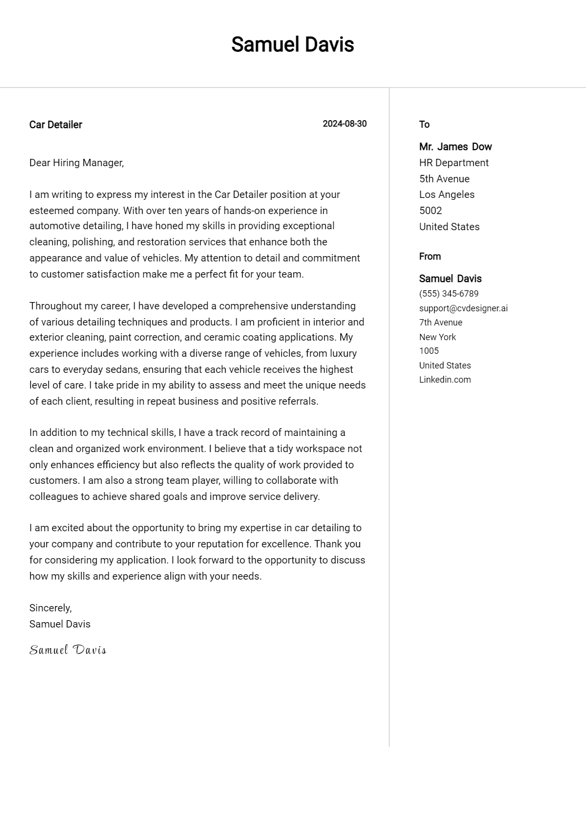 car detailer cover letter example