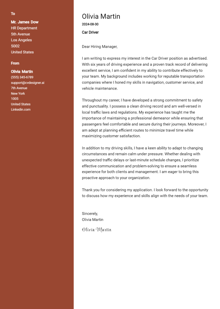 Car Driver Cover Letter Example for 2025 (Complete Writing Guide)