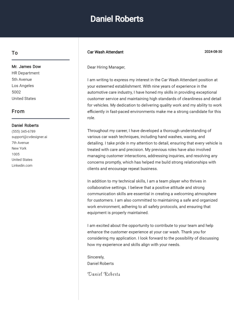 Car Wash Attendant Cover Letter Example for 2025: Ultimate Guide