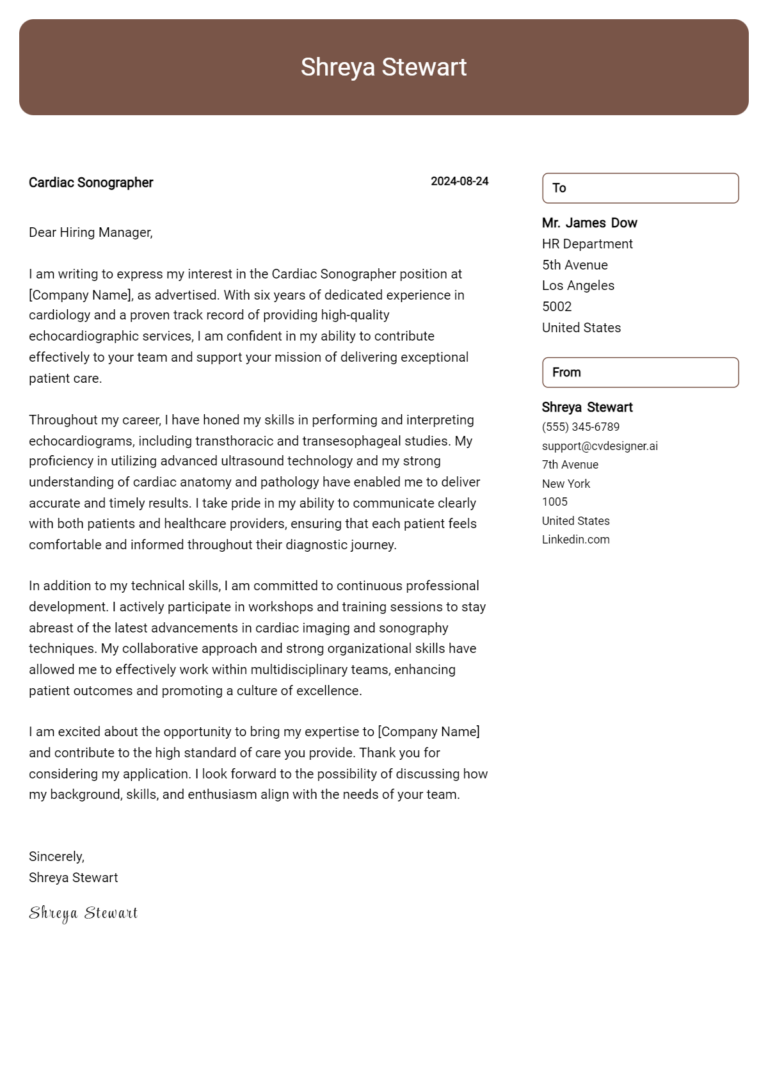 Cardiac Sonographer Cover Letter Examples with Writing Tips for 2025