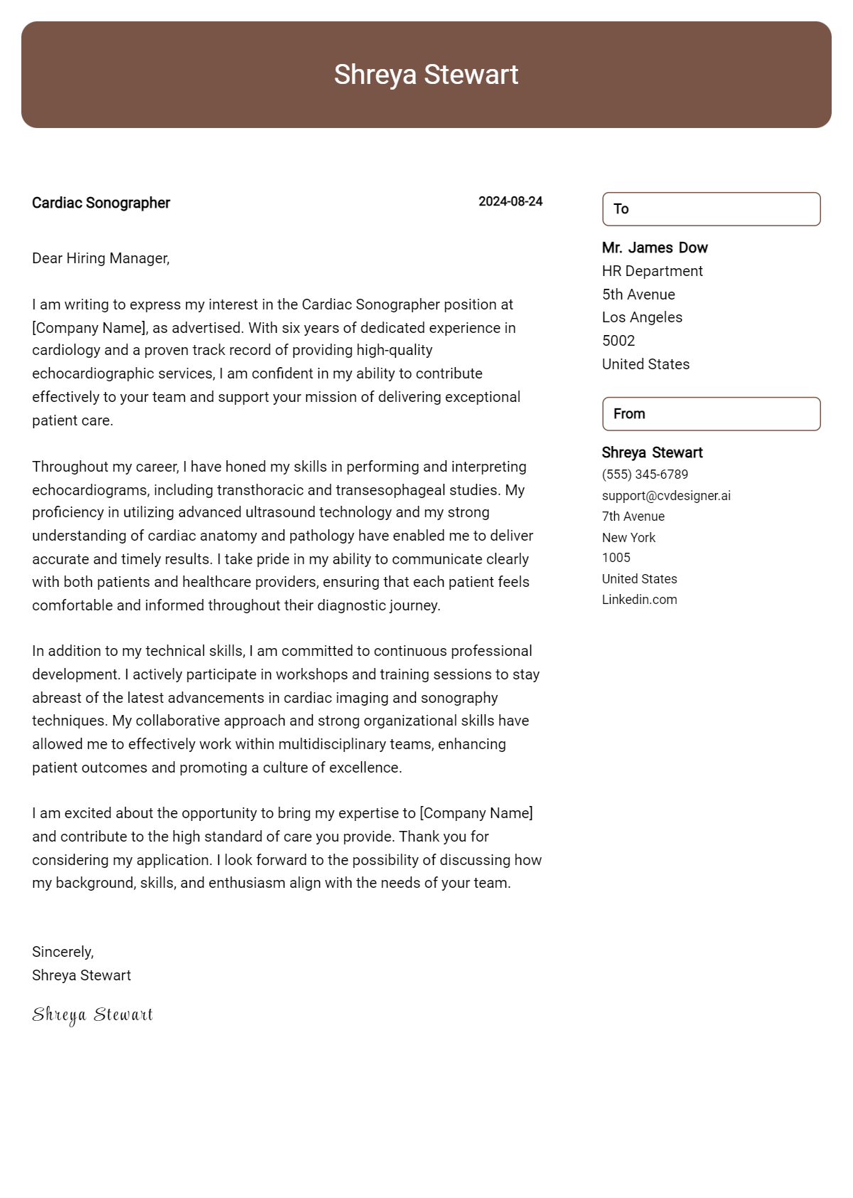 cardiac sonographer cover letter example