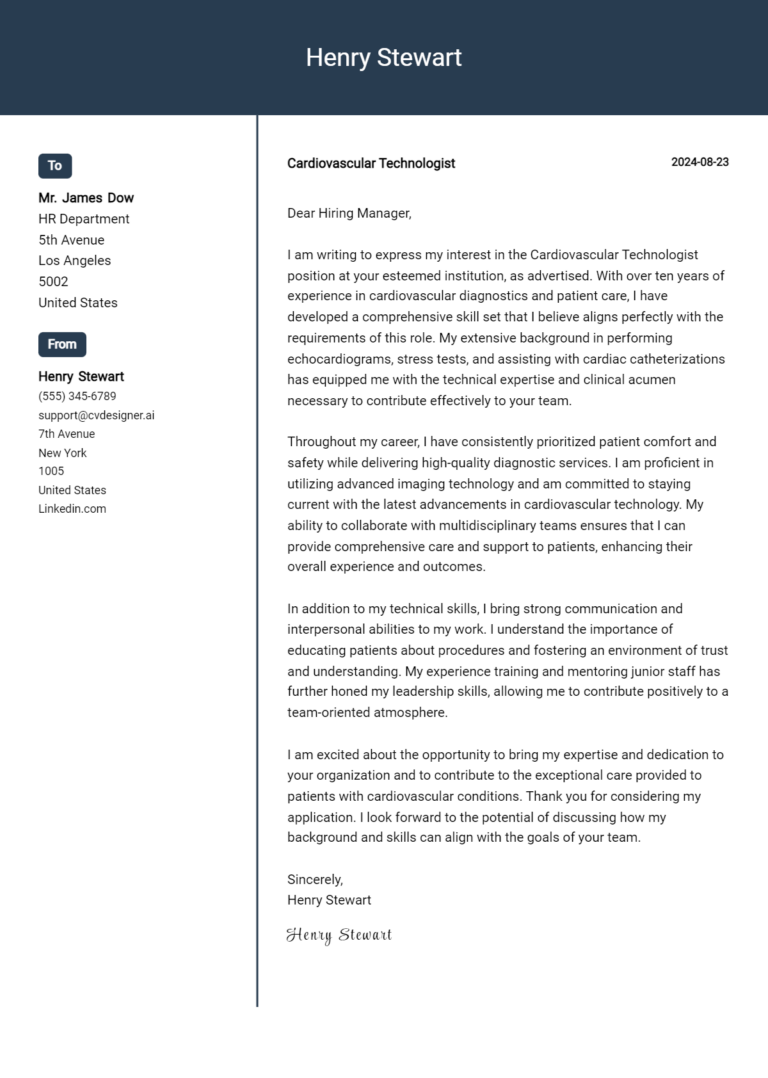 Cardiovascular Technologist Cover Letter Example for 2025 (Writing Guide)