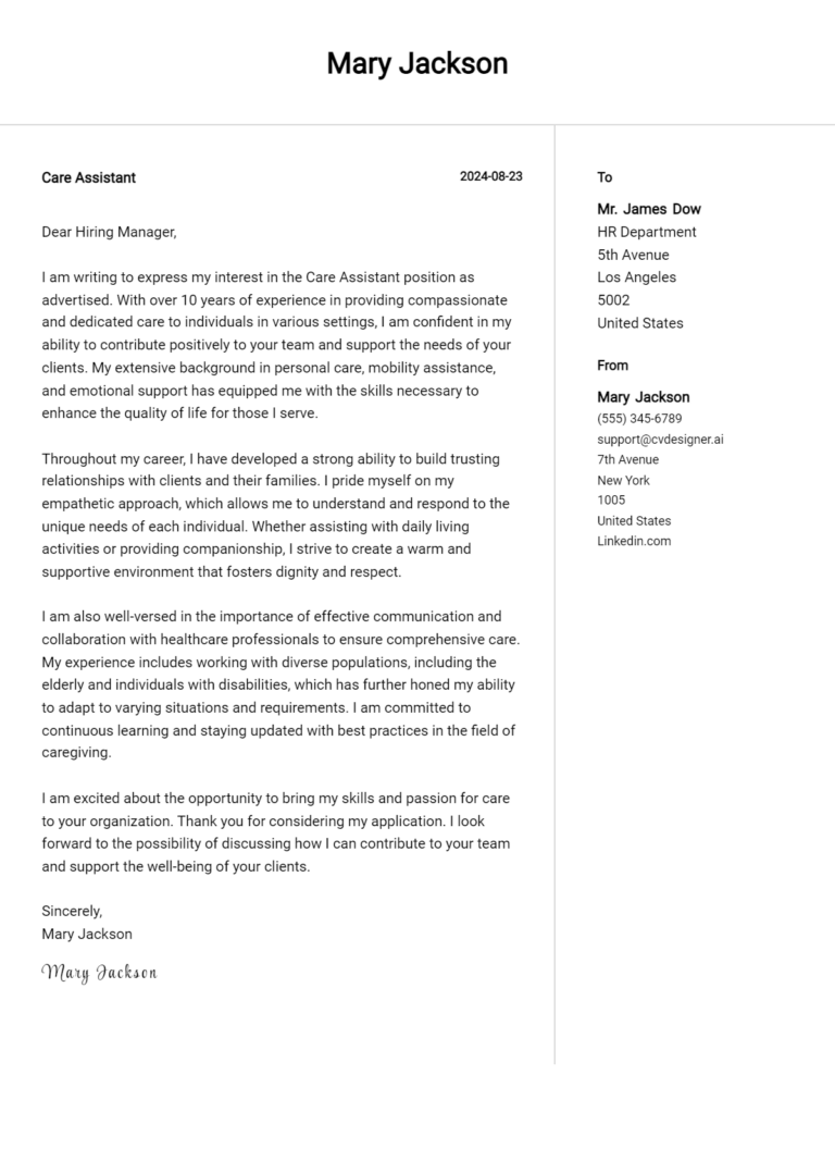 Care Assistant Cover Letter Example for 2025 (Free Templates)