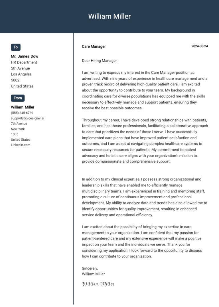 Care Manager Cover Letter Examples and Templates for 2025