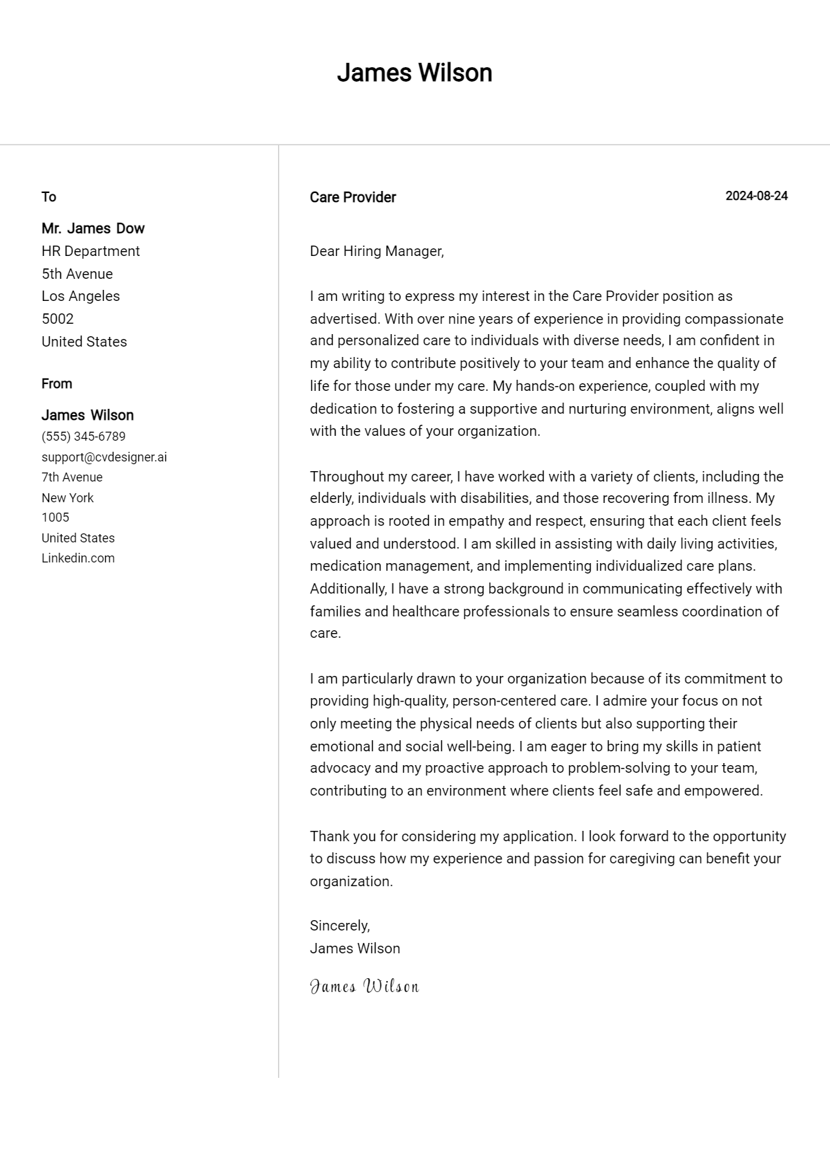 care provider cover letter example