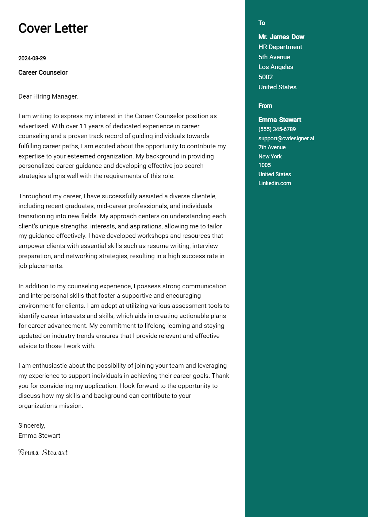 career counselor cover letter example