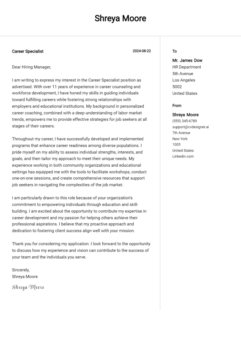 Career Specialist Cover Letter Example for 2025 (Complete Writing Guide)