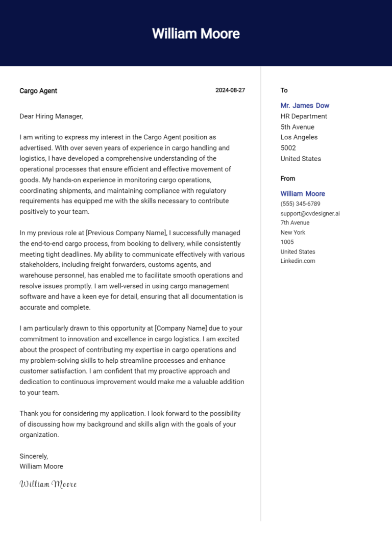 Cargo Agent Cover Letter Examples and Templates for 2025