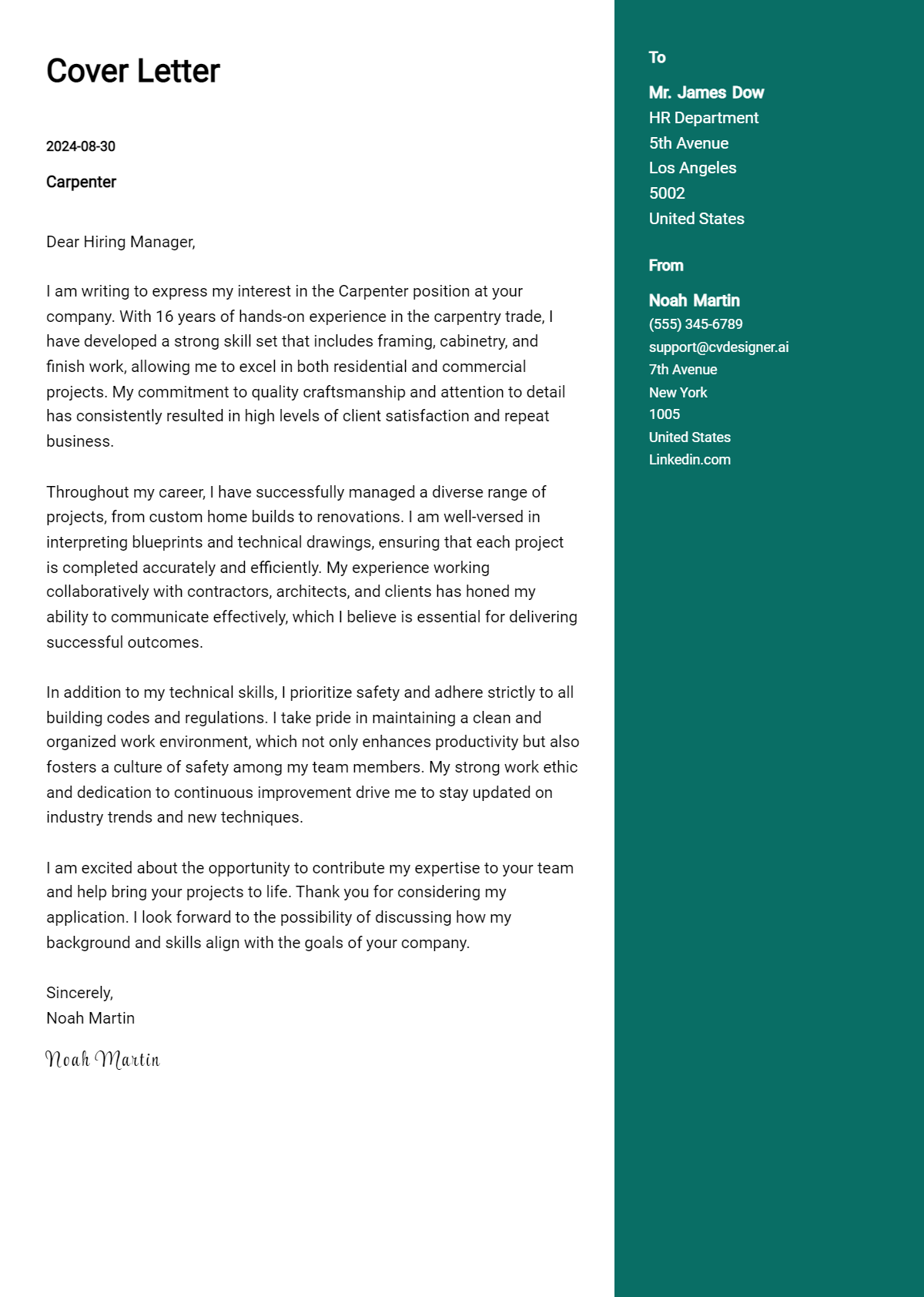 carpenter cover letter example