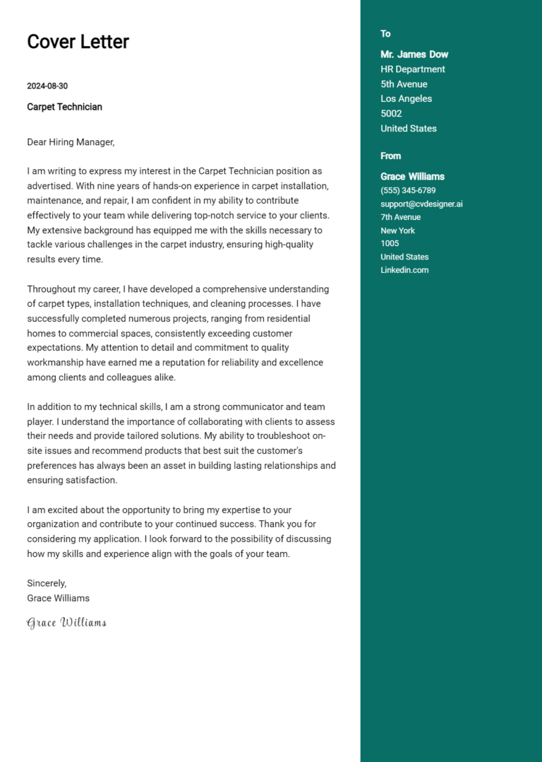 Carpet Technician Cover Letter Example for 2025: Ultimate Guide 1 Carpet Technician Cover Letter Example for 2025: Ultimate Guide