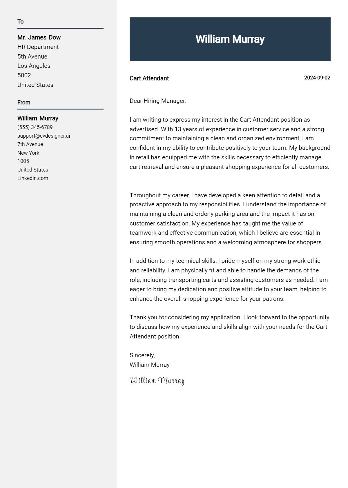 cart attendant cover letter example