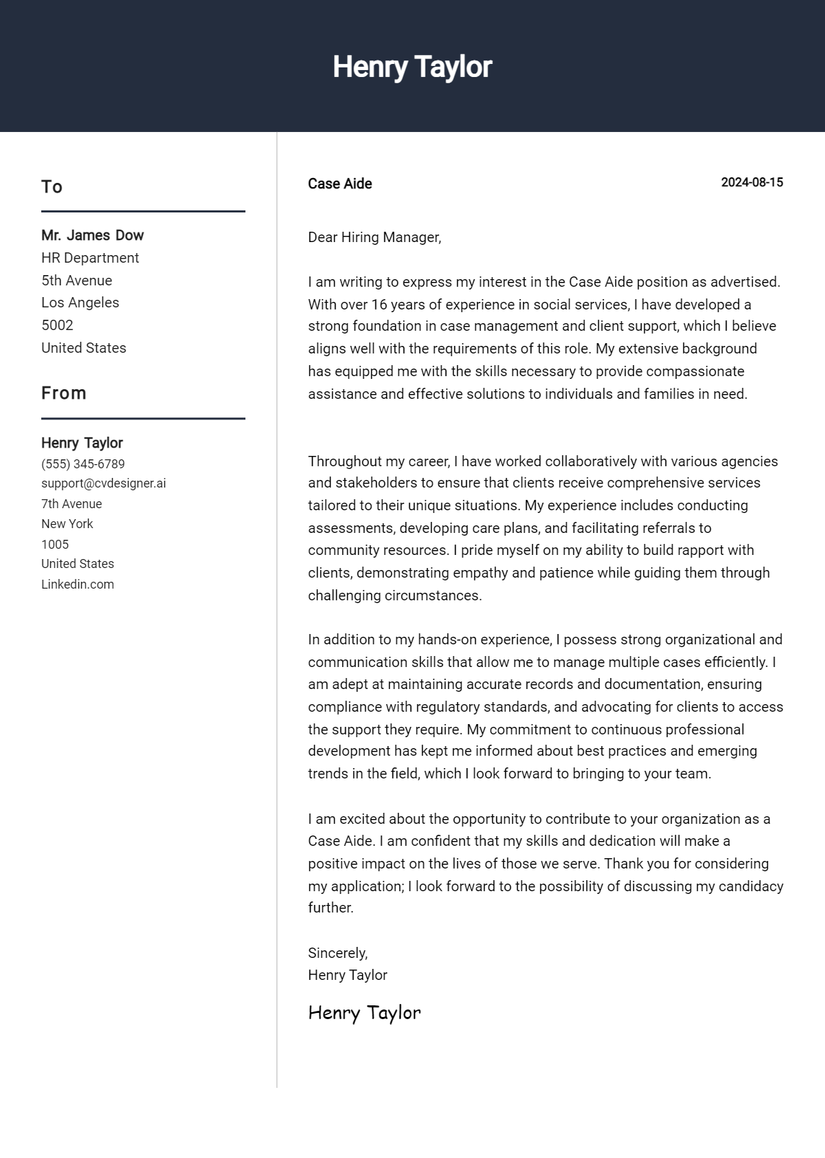 case aide cover letter example