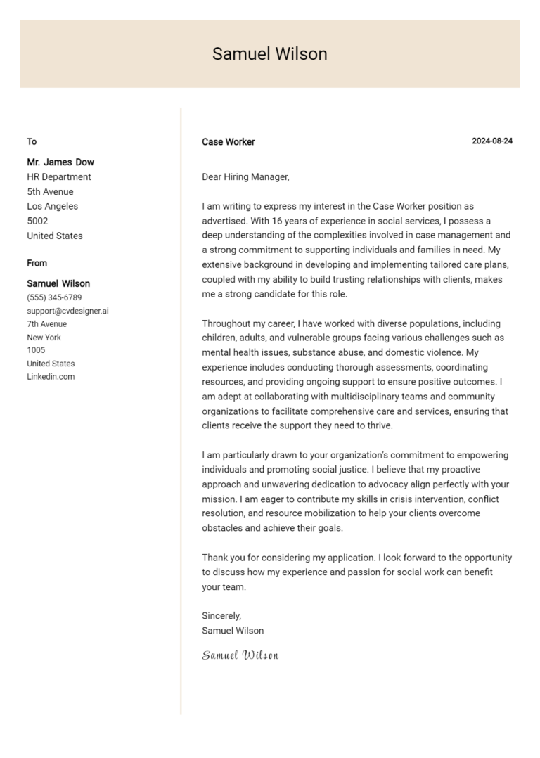 Case Worker Cover Letter Example for 2025: Top CV Skills