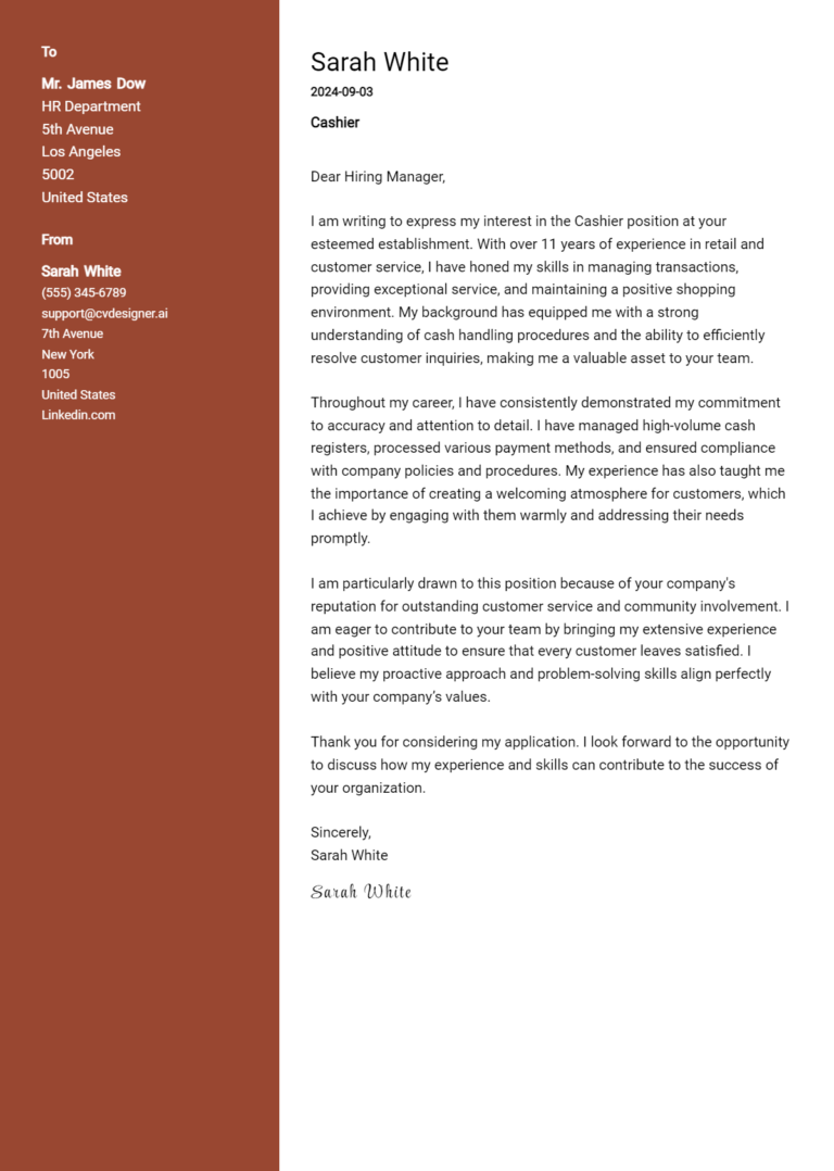 Cashier Cover Letter Example for 2025 (Download Templates)