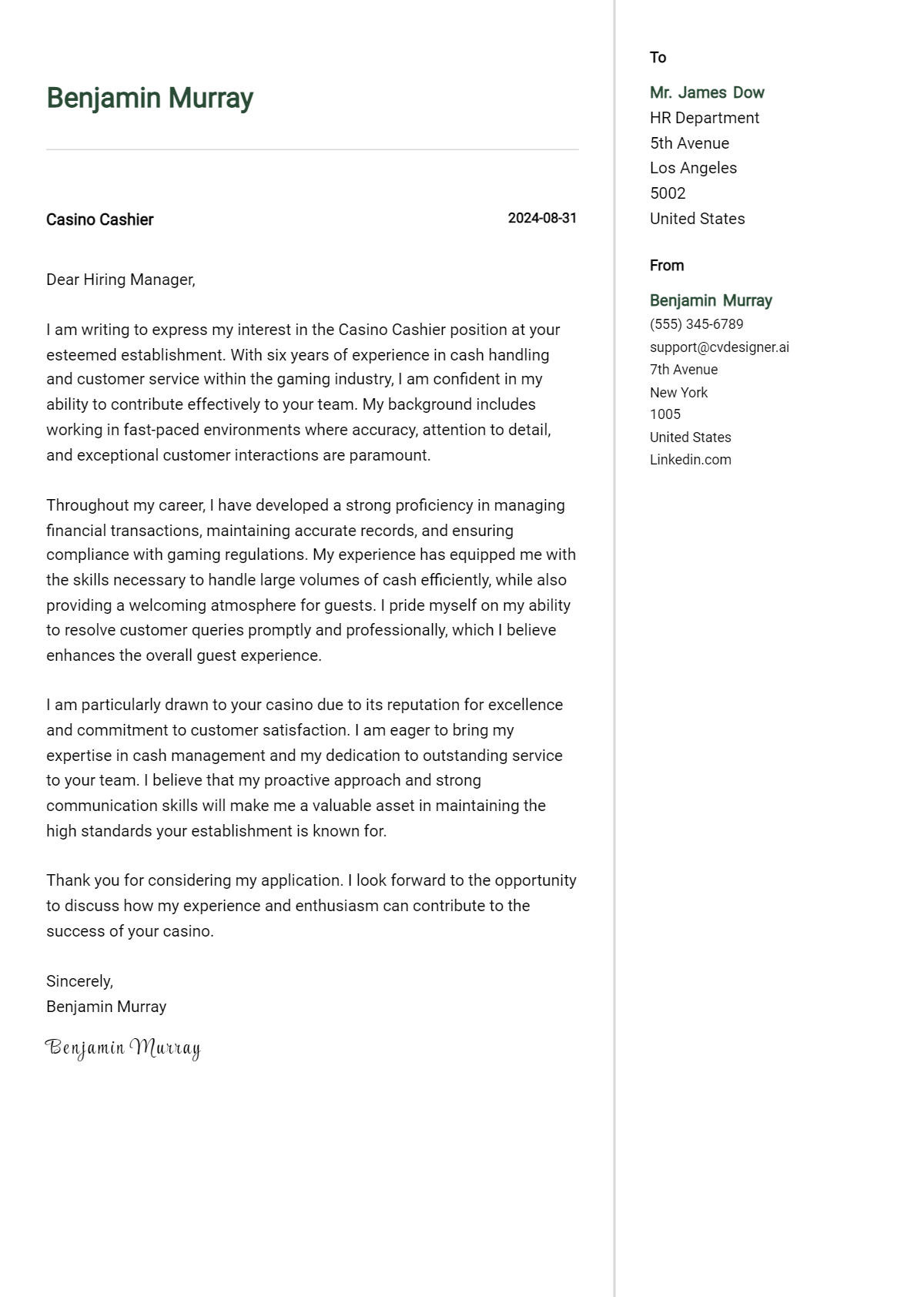 casino cashier cover letter example