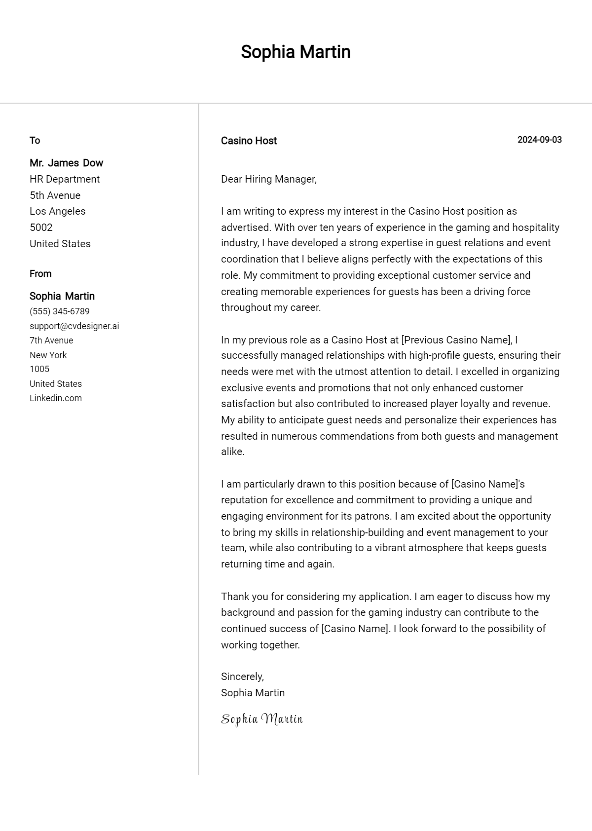casino host cover letter example