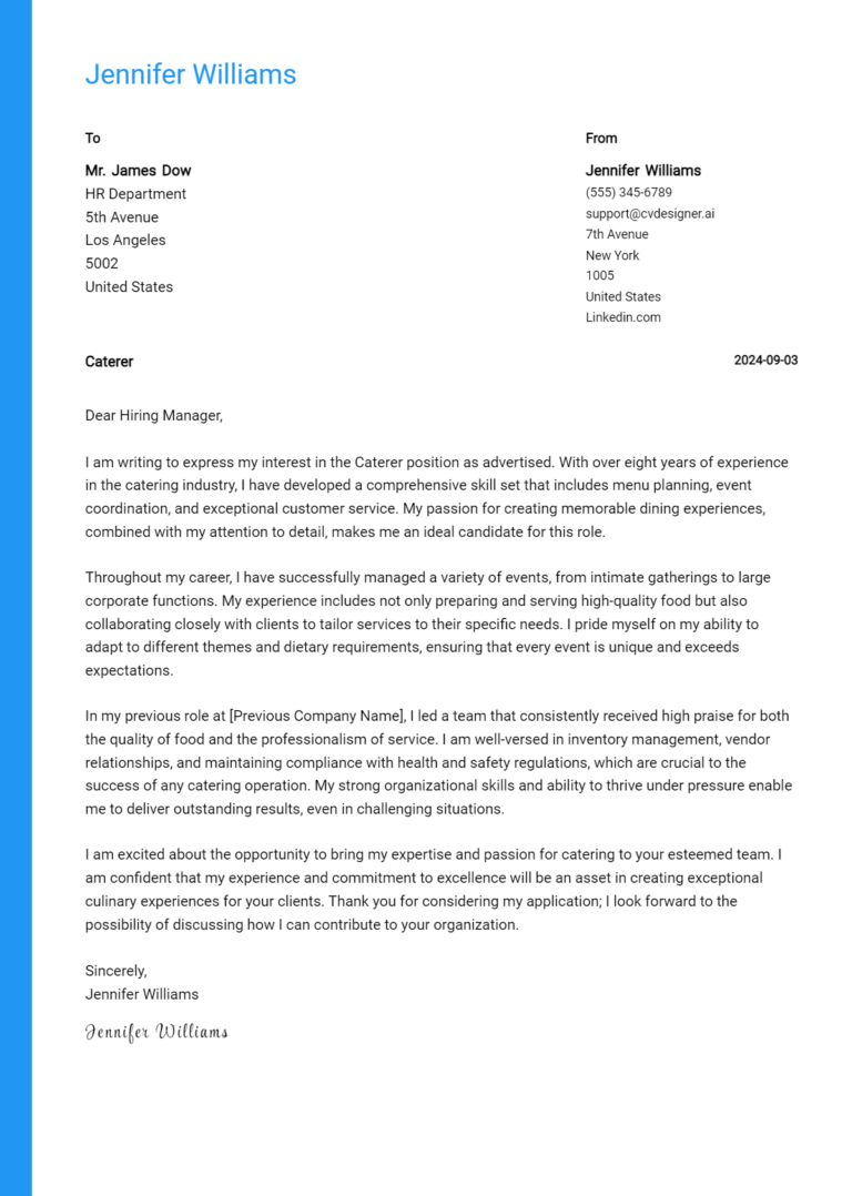 Caterer Cover Letter Example for 2025: Tips & Templates