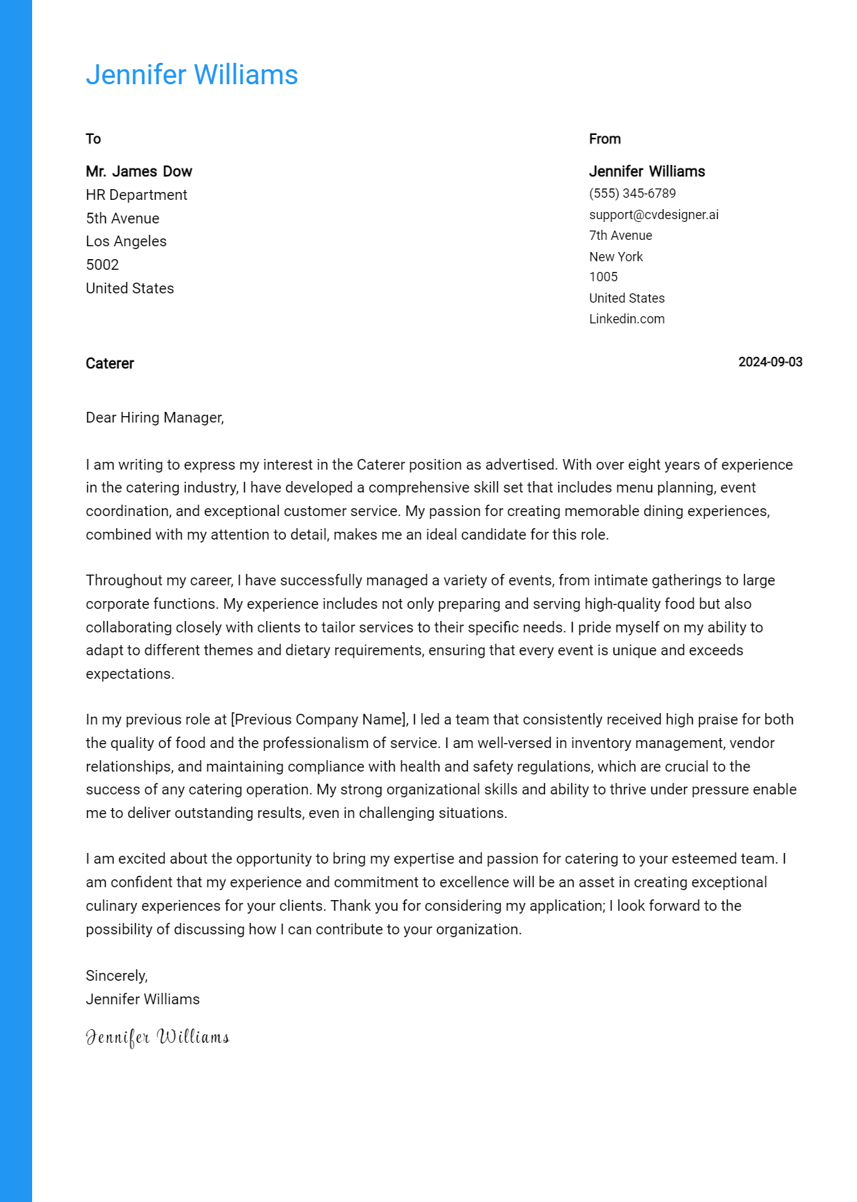 caterer cover letter example