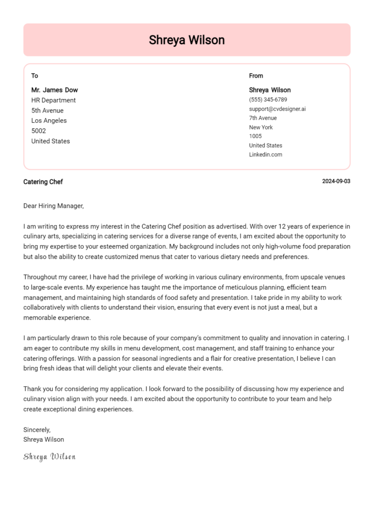 catering chef cover letter example