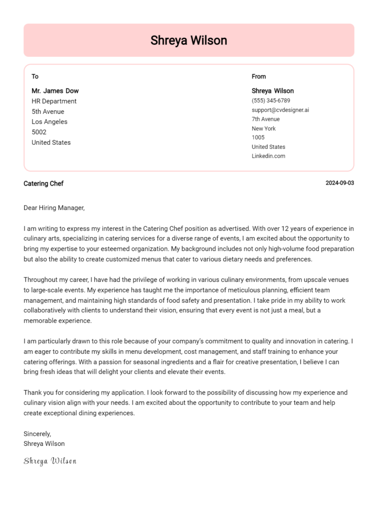 Catering Chef Cover Letter Example for 2025: Free Templates