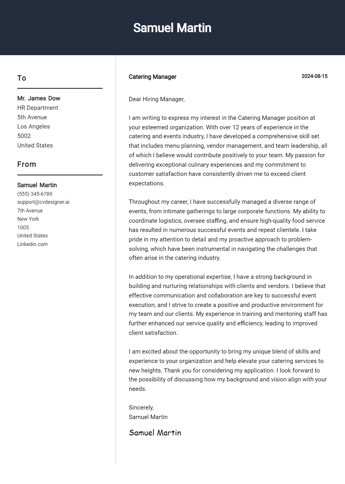 catering manager cover letter example