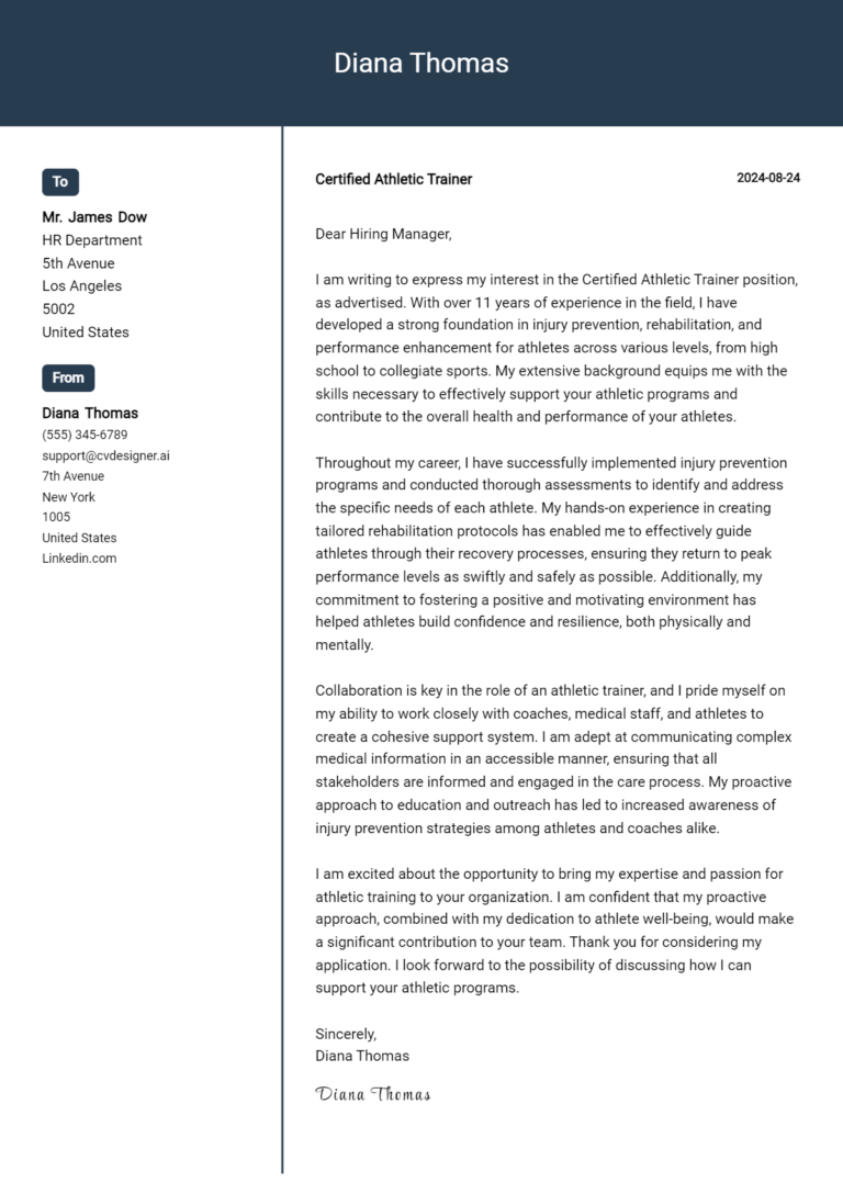 Certified Athletic Trainer Cover Letter Examples with Writing Tips for 2025