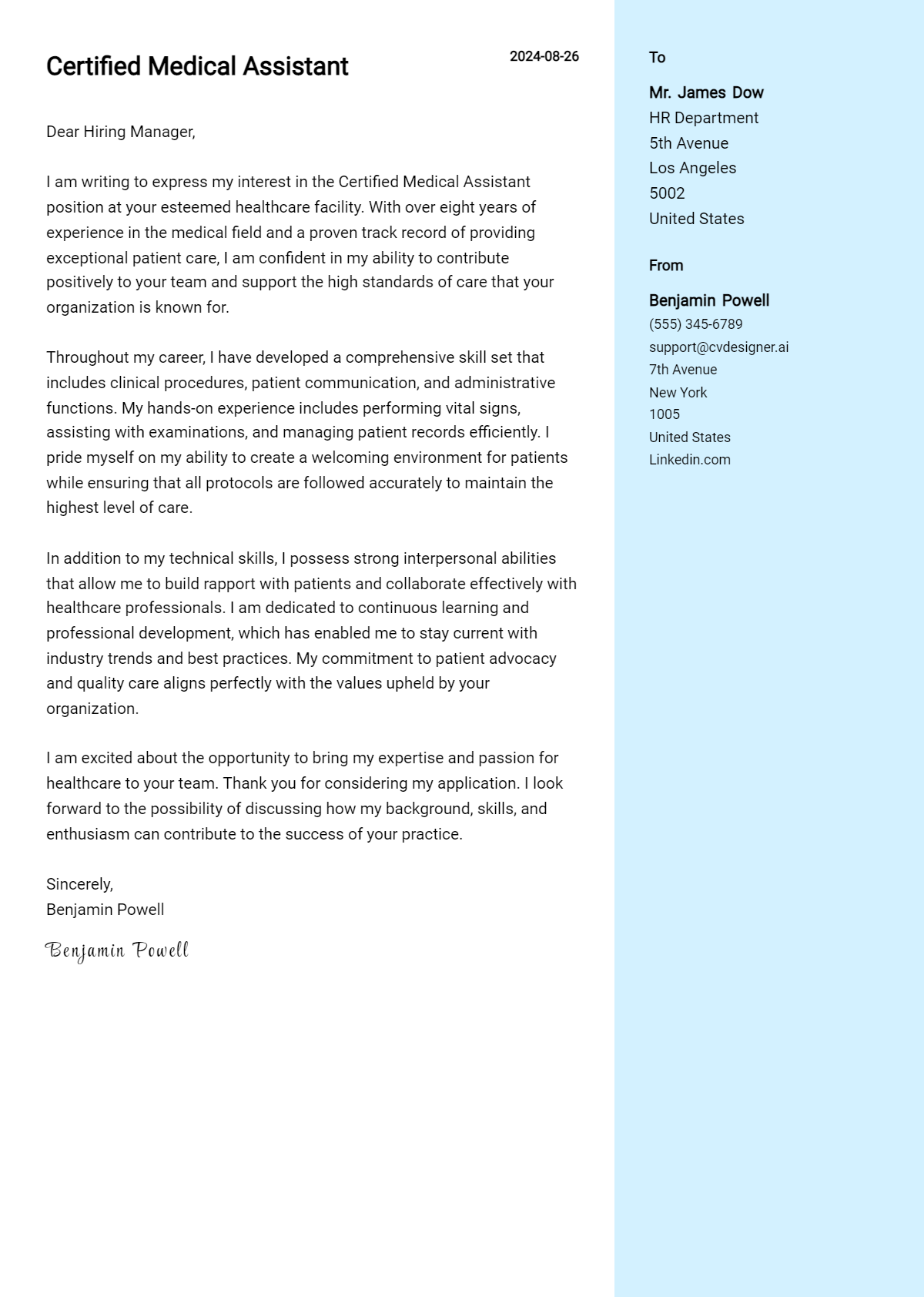 certified medical assistant cover letter example