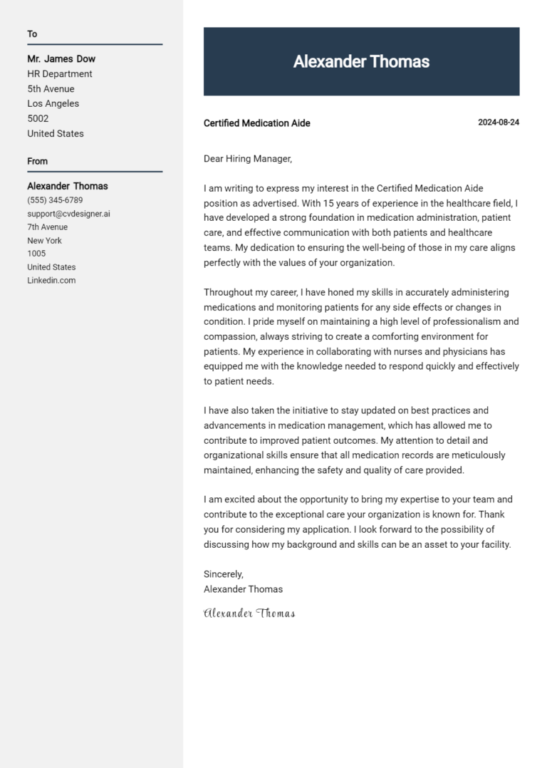 Certified Medication Aide Cover Letter Examples with Writing Tips for 2025 1 Certified Medication Aide Cover Letter Examples with Writing Tips for 2025