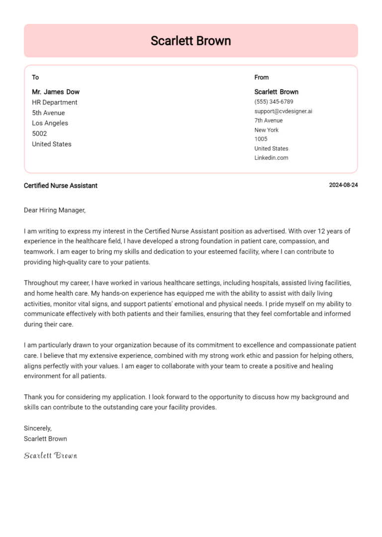 27 Certified Nurse Assistant Cover Letter Example for 2025 (Complete Writing Guide)