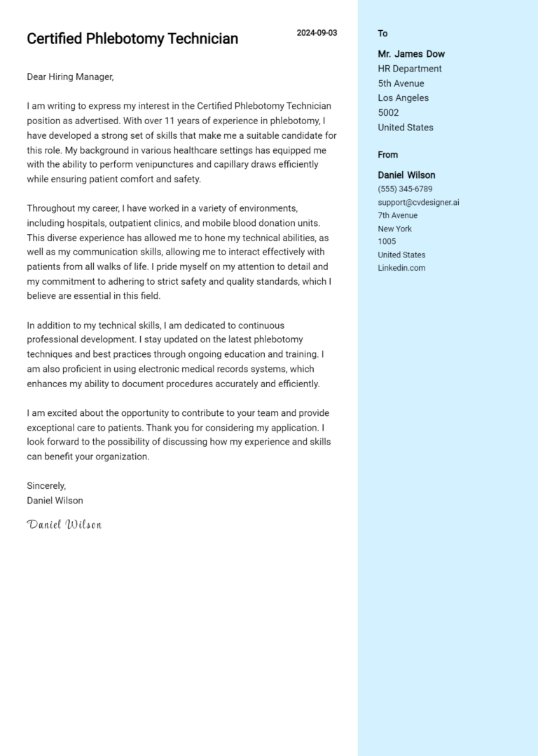 Certified Phlebotomy Technician Cover Letter Example for 2025: Ultimate Guide