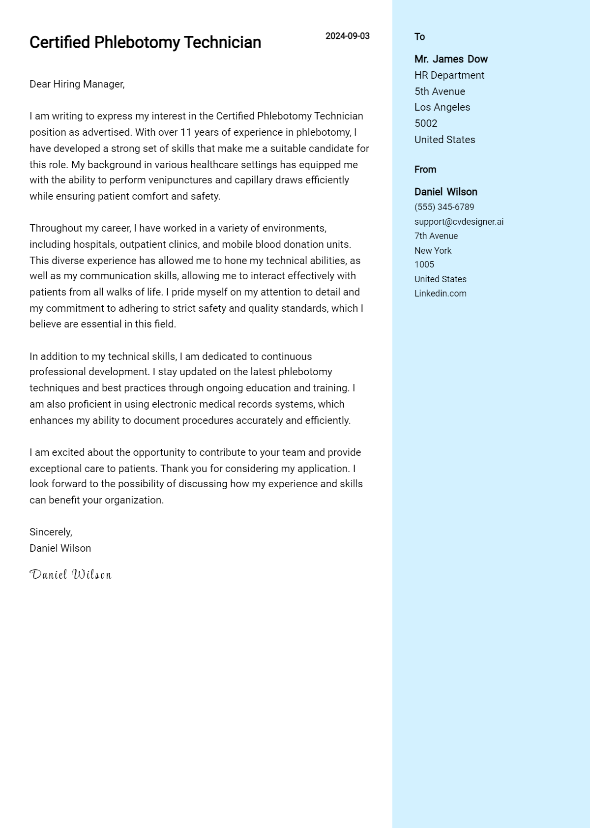 certified phlebotomy technician cover letter example