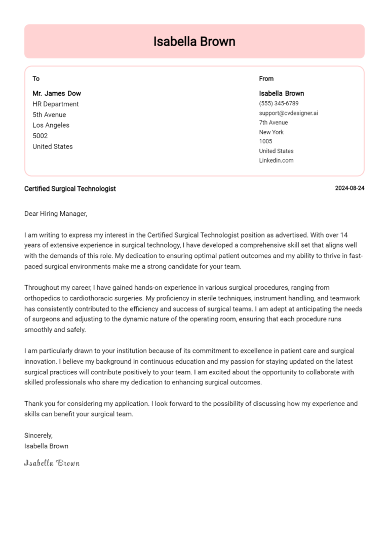 Certified Surgical Technologist Cover Letter Example for 2025: Proven Tips