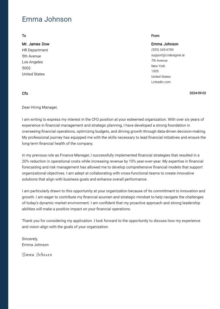 CFO Cover Letter Examples & Samples for 2025