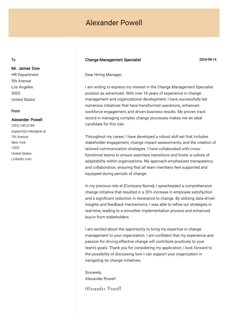 change management specialist cover letter example