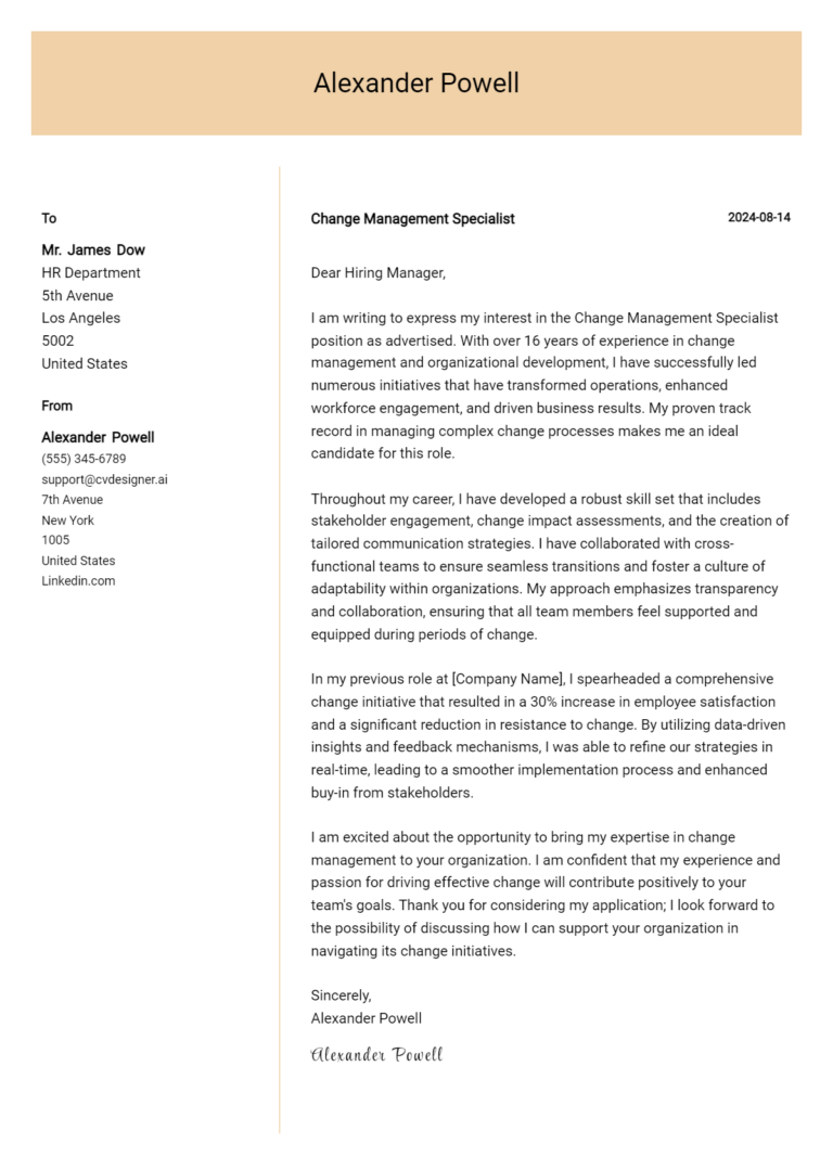 Change Management Specialist Cover Letter Example for 2025: Ultimate Guide