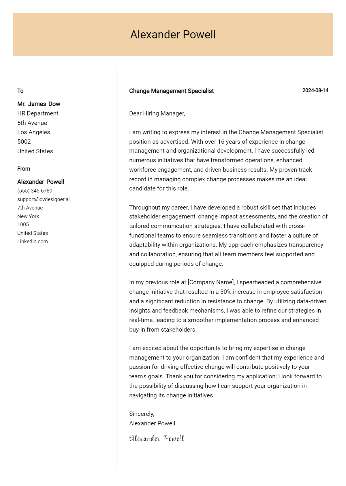 change management specialist cover letter example