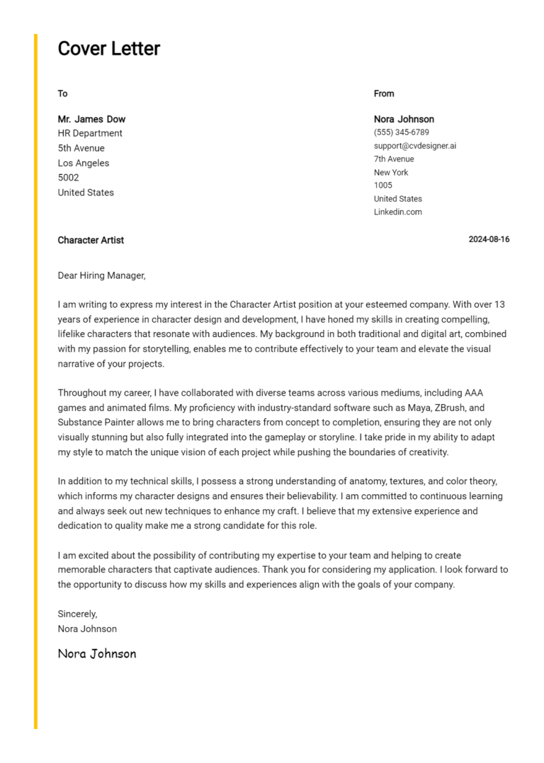 Character Artist Cover Letter Example for 2025 (Download Templates)