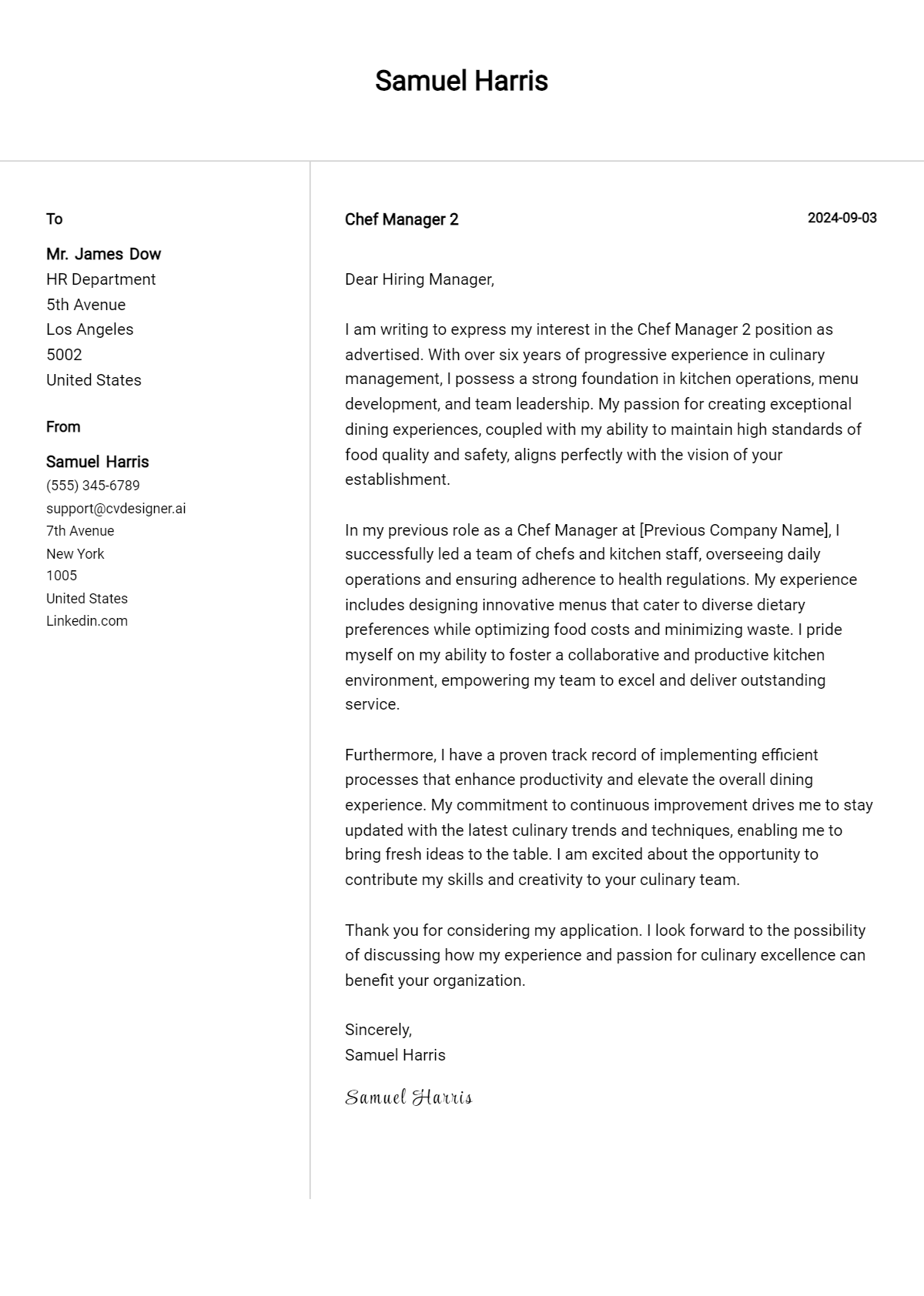 chef manager 2 cover letter example