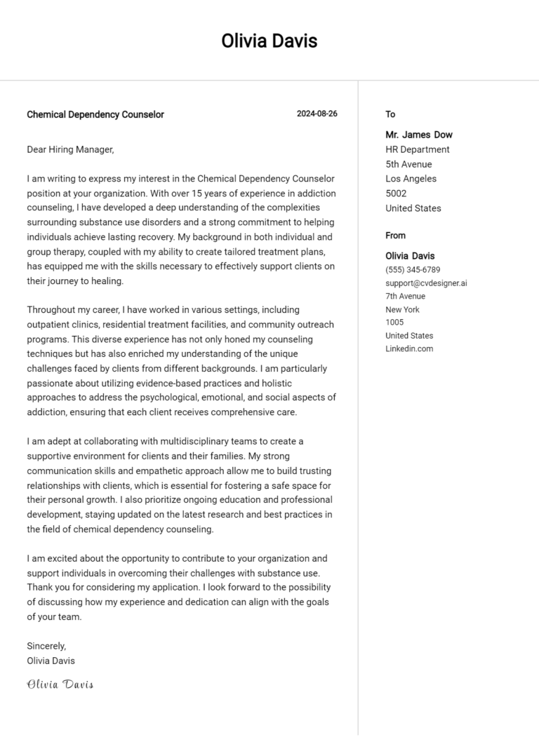 Chemical Dependency Counselor Cover Letter Examples and Templates for 2025