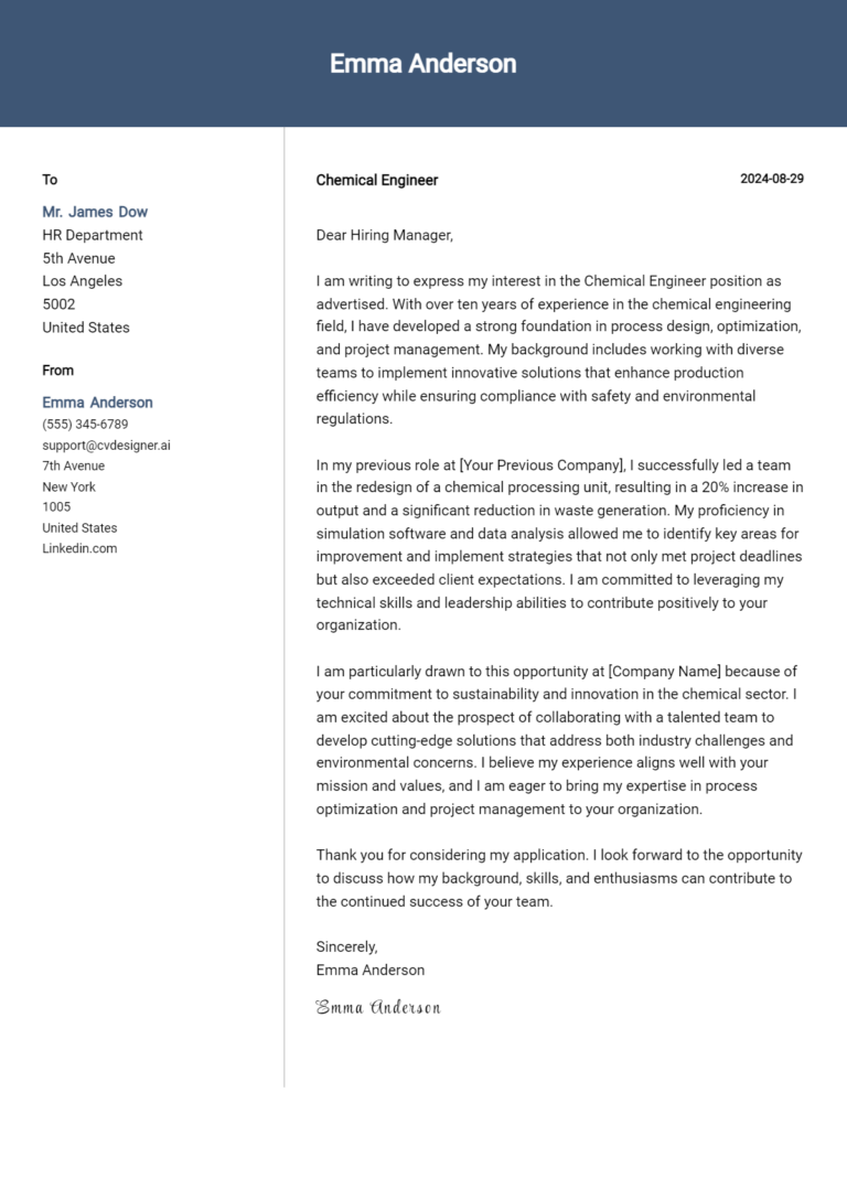 Chemical Engineer Cover Letter Examples and Templates for 2025