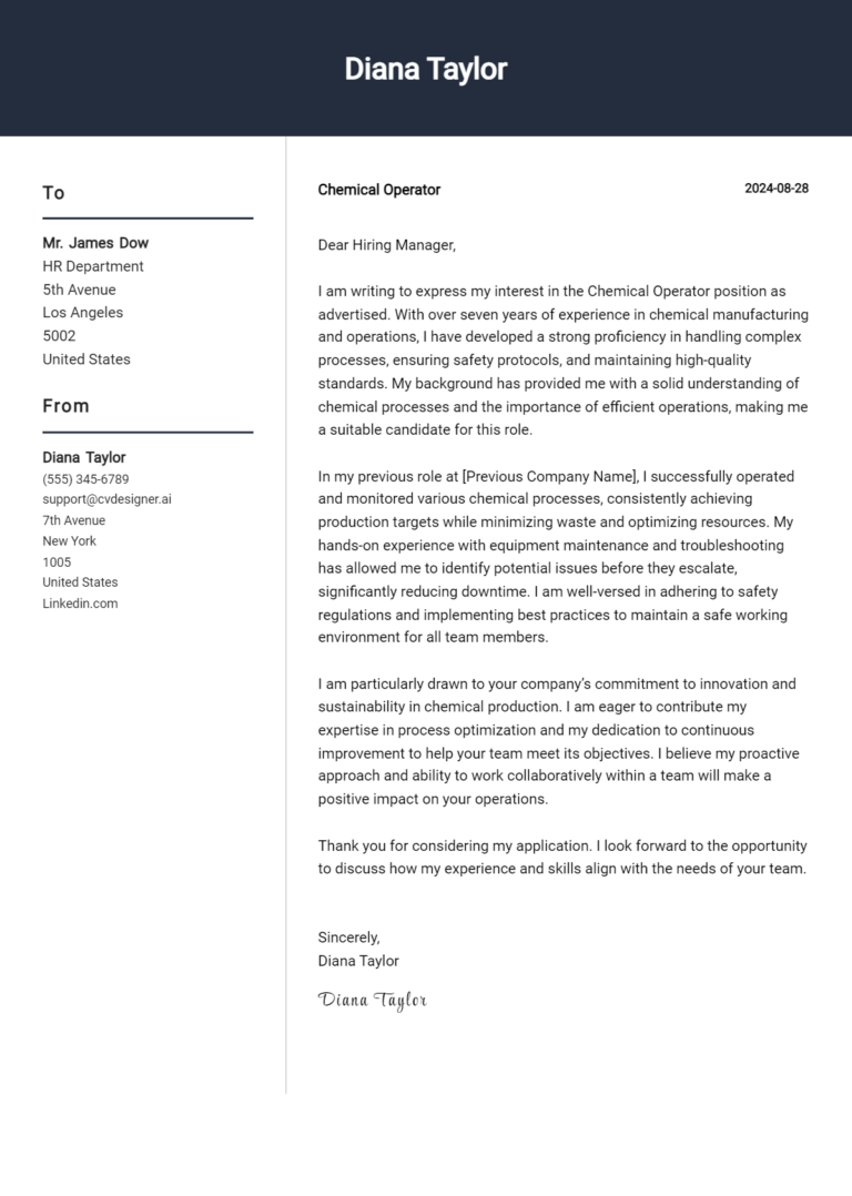 Chemical Operator Cover Letter Examples for 2025 (Downloadable)