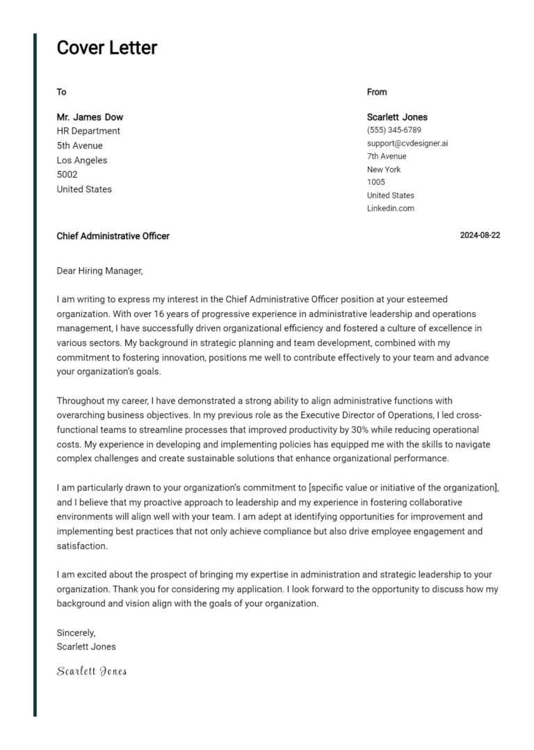 Chief Administrative Officer Cover Letter Example for 2025: Expert Tips & Templates
